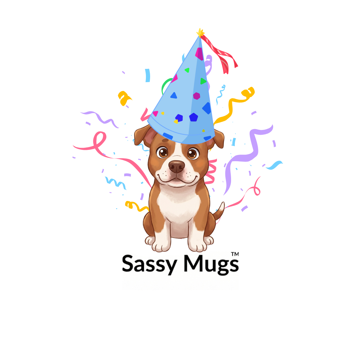 Tank the mascot dressed in birthday party hat with confetti and streamers