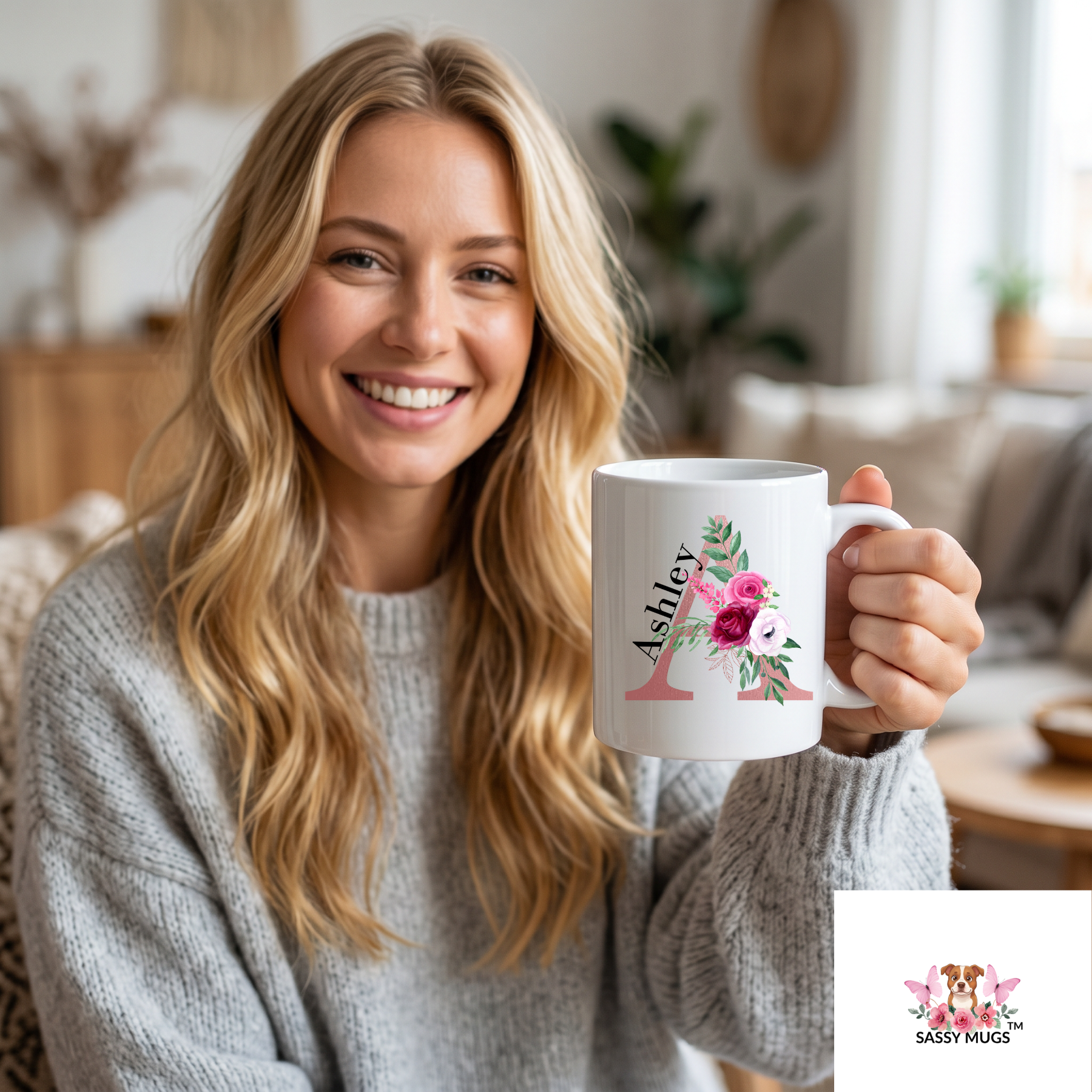 Personalized Floral Initial A Mug, Custom Name Rose Gold Letter Mug, Gift for Ashley - Image 2