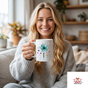 Smiling blonde woman happily holding personalized Mama Mom Maman wildflower mug with teal floral design